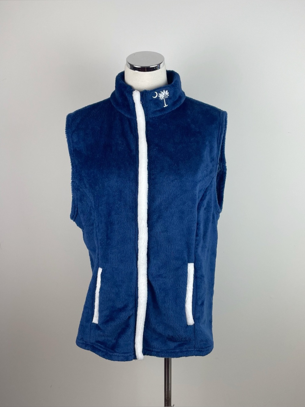 Emerson Street Blue White SC Palmetto Fleece Full Zip Vest Women XL Soft